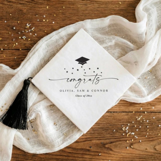 Class of 2026 Modern Black and White Graduation Serviette (Modern diagonal graduation napkins personalized with name and date in black and white)