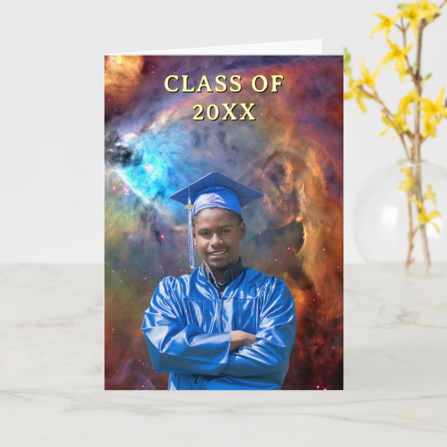 Class of 20XX Custom Photo Orion Nebula Graduation Karte (Gelbe Blume)