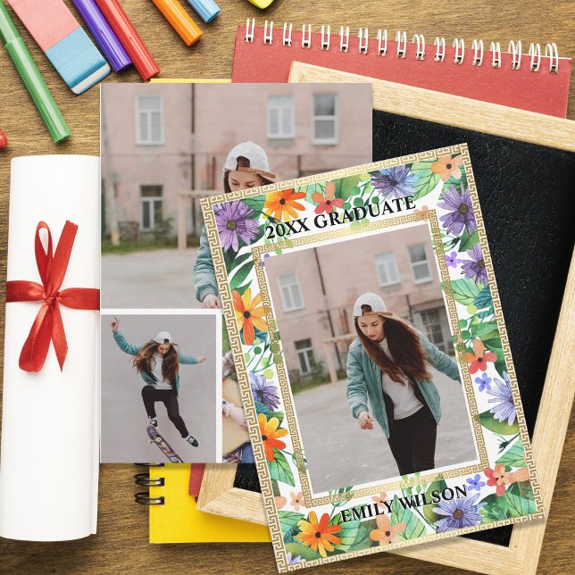 Class of 20XX Floral Photo Graduation Announcement (Floral Photo Graduation Announcement Flat Card | Class of 20XX Graduate)