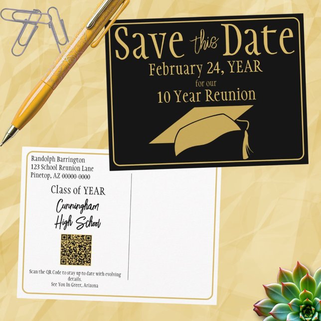Class Wiedersehen Save the Date Black Gold QR Code Postkarte (front and back save the date class reunion post card)