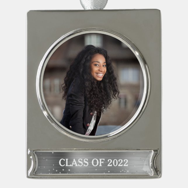 Class Year Abschluss Foto Glitzer Glam Banner-Ornament Silber (Vorderseite)