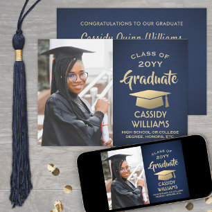 Class Year Navy Blue und Gold Abschluss Foto Einladung