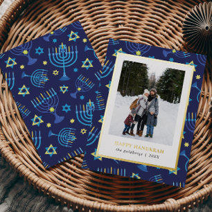 Classi Blue gold Menorah Stars 3 Fotos Hanukkah Folien Feiertagskarte