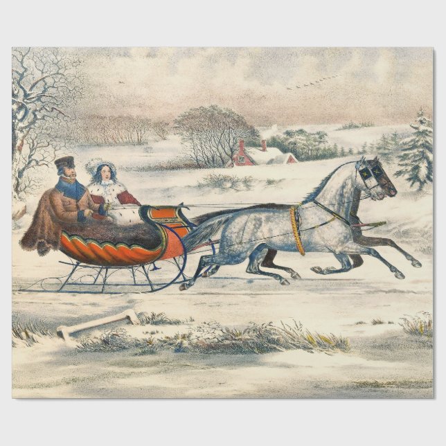 Classic 1853 Sleigh Ride Currier Ives Road Winter Geschenkpapier (Flach)