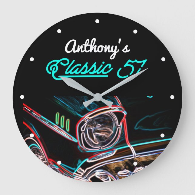 Classic 57 Chevy Neon Effect Script Black Retro Große Wanduhr (Vorderseite)