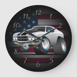 Classic 70er Jahre American Muscle Car Cartoon Große Wanduhr