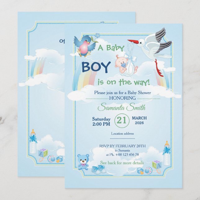 Classic and cute Stork Baby Shower Invitation Einladung (Vorne/Hinten)