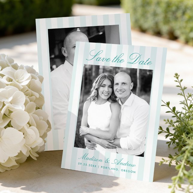 Classic Aqua Stripes Photo Wedding Save The Date (Von Creator hochgeladen)