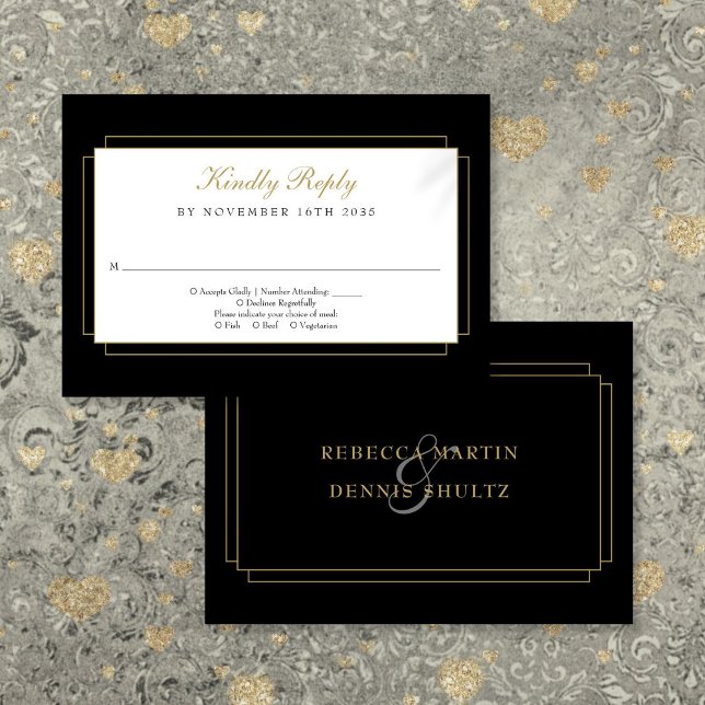 Classic Art Deco Black and Gold Wedding RSVP Karte (Classic Art Deco Black and Gold Wedding RSVP Card)