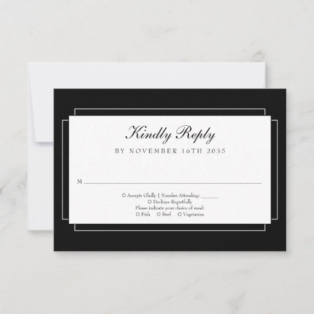 Classic Art Deco Schwarz und Weiß Hochzeit RSVP Karte (Vorderseite)