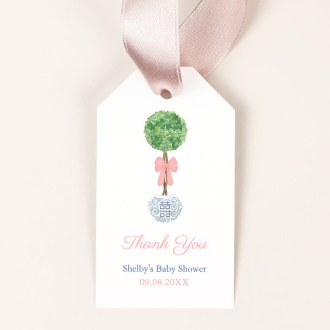 Classic Baby Girl Shower Party Vielen Dank Geschenkanhänger (Preppy boxwood topiary with pink bow little girl baby shower favor tags)
