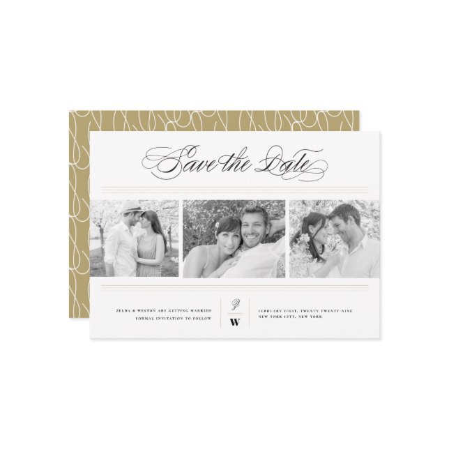 Classic Bars Monogram Modern 3 Multi Foto Wedding Save The Date (Vorderseite/Rückseite Beispiel)
