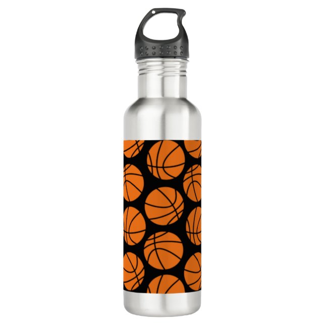 Classic Basketball Pattern on Black Edelstahlflasche (Vorderseite)