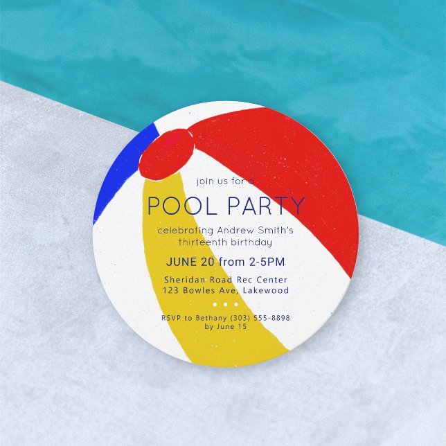 Classic Beach Ball Party Geburtstag Einladung (Round die-cut beach or pool party invitation design by 2birdstone for Zazzle)