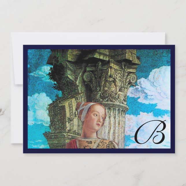 CLASSIC BEAUTY MONOGRAM, hell antikblau schwarz Einladung (Vorderseite)