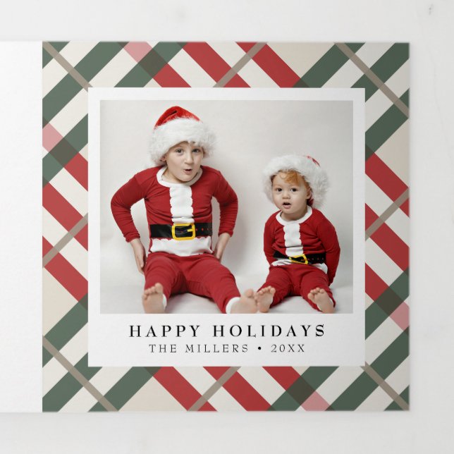 Classic Beige Tartan Karierte Weihnachten Dreifach Gefaltete Urlaubskarte (Cover)