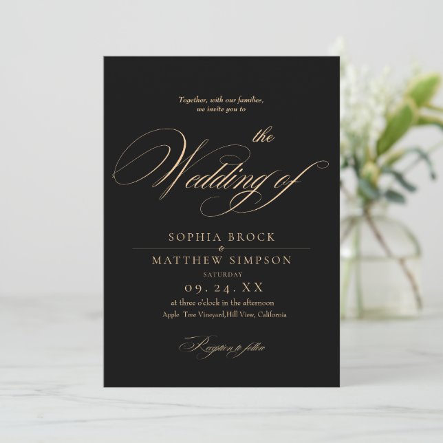 Classic Black and Burgundy Script Wedding Einladung (Stehend Vorderseite)