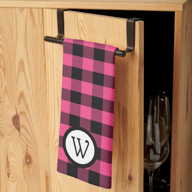 Classic Black and Pink Buffalo Kariert mit Monogra Geschirrtuch (Drittel gefaltet)