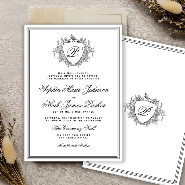 Classic black and white crest monogram wedding  einladung (Von Creator hochgeladen)