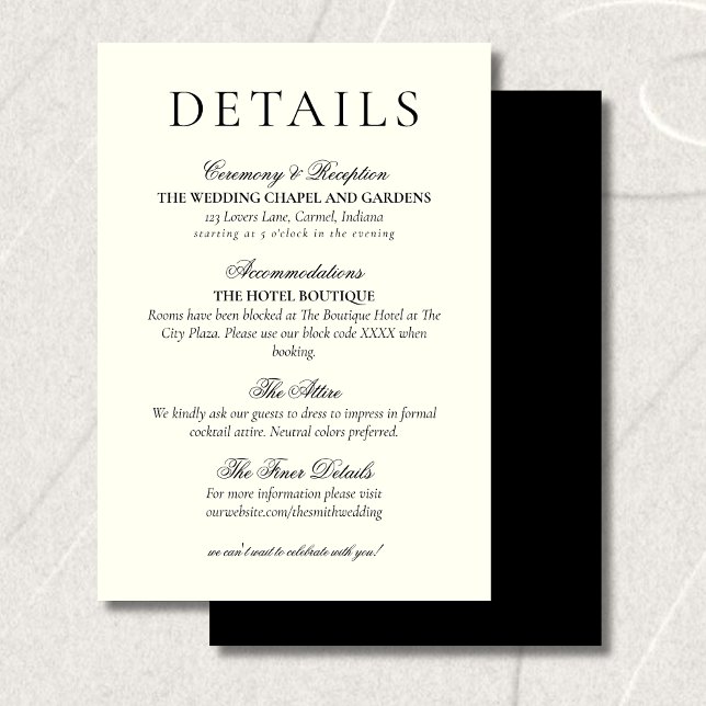 Classic Black and White Minimalist Wedding Details Begleitkarte (Classic Black and White Minimalist Wedding Details Enclosure Card)