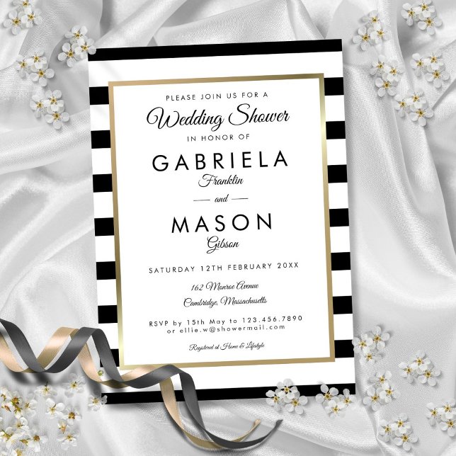 Classic Black and White Stripe Gold Polterabend Einladung (Classic Black And White Stripe Gold Wedding Shower Invitation)