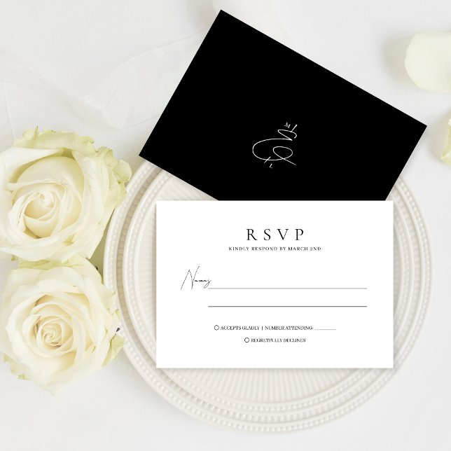Classic Black and White Stylish Monogram Wedding RSVP Karte (Von Creator hochgeladen)