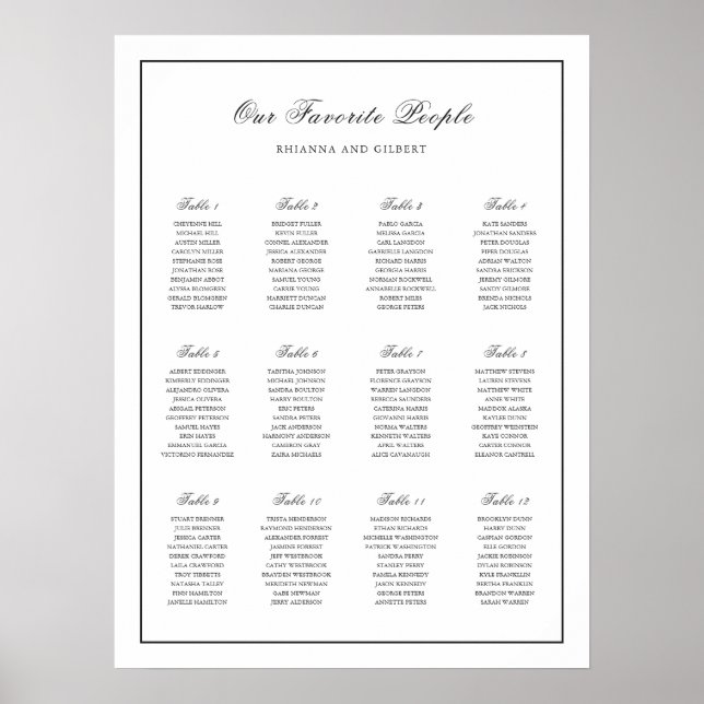 Classic Black and White Wedding Seating Chart Poster (Vorne)
