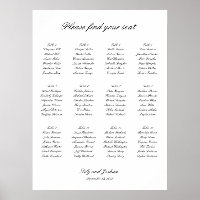 Classic Black and White Wedding Seating Chart Poster (Vorne)