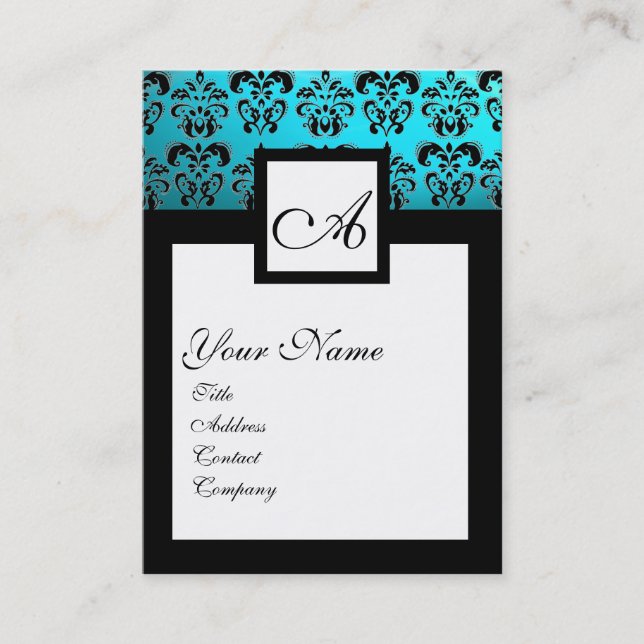 CLASSIC BLACK AQUA BLUE DAMASK SQUARE MONOGRAMM VISITENKARTE (Vorderseite)