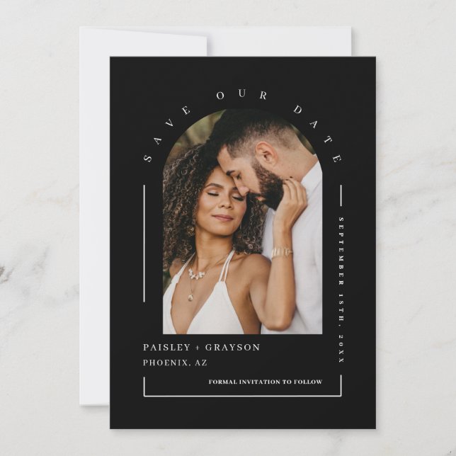 Classic Black Arch Foto QR Code Rettete Unser Datu Einladung (Vorderseite)