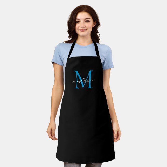 Classic Black Blue Monogram Girly Feminine Script Schürze (Getragen)