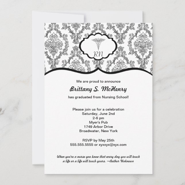Classic Black Damask Nurse Abschluss RN BSN Einladung (Vorderseite)