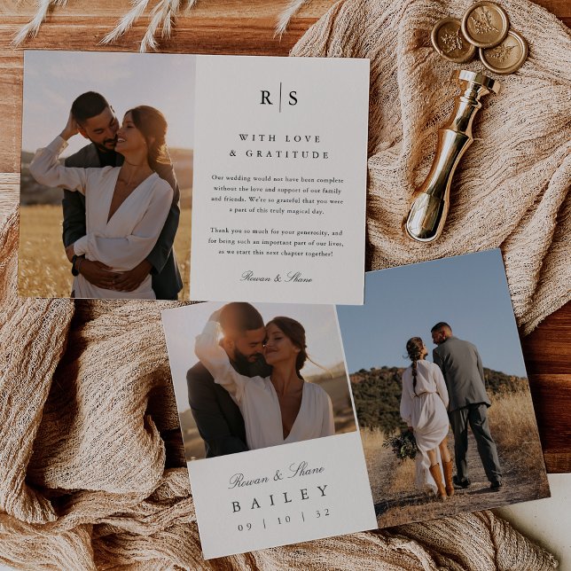 Classic Black & Ecru Monogram Multi Foto Dankeskarte (Von Creator hochgeladen)