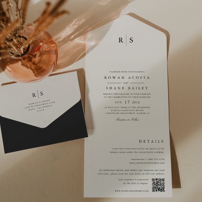 Classic Black & Ecru Monogram Wedding All In One Einladung (Von Creator hochgeladen)