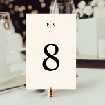Classic Black & Ecru Monogram Wedding Tischnummer<br><div class="desc">Elegante Hochzeitskarten mit Empfang-Tischnummer in knuspriger Schwarz auf einem warmen elfenbeinfarbenen Hintergrund, ergänzt durch ein einfaches Monogramm in traditioneller Serifenschrift, geteilt durch eine dünne vertikale Linie. Design wiederholt sich auf der Rückseite. Um Ihre Tischnummern zu bestellen, passen Sie Ihr Design an Ihre Wünsche an, beginnen Sie mit Tabelle 1, fügen...</div>