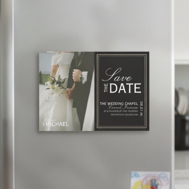 Classic Black Editorial Photo Save the Date Magnetkarte (Invite guests to your formal affair with this Classic Black Editorial Photo Save the Date Magnet!)
