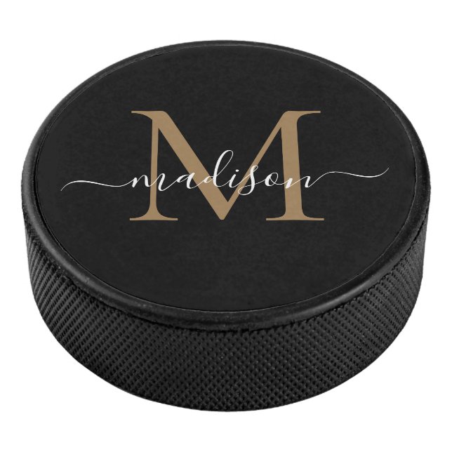 Classic Black Gold Monogram Girly Feminine Script Eishockey Puck (3/4)