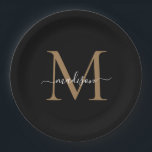 Classic Black Gold Monogram Modern Script Name Pappteller<br><div class="desc">Einfache,  moderne Black Gold Monogram Moderne Feminine Script Name Paper Plate</div>