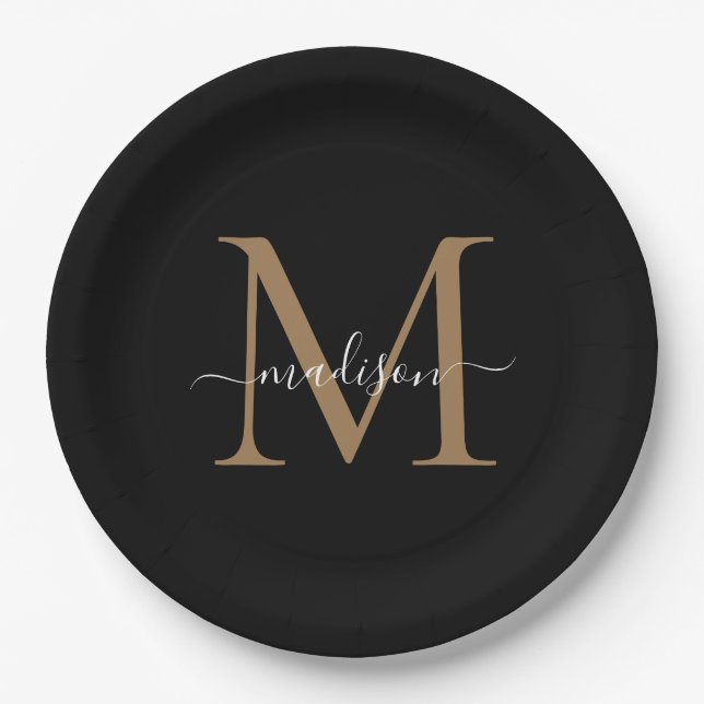 Classic Black Gold Monogram Modern Script Name Pappteller (Vorderseite)