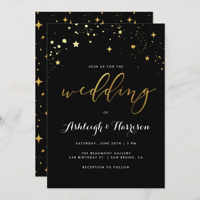 Classic Black & Gold Star Confetti Wedding Einladung (Vorne/Hinten)