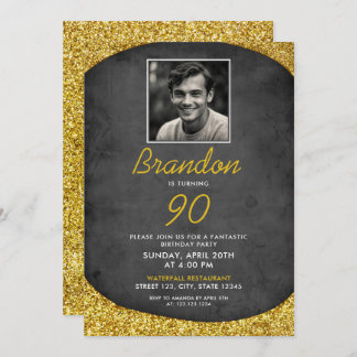 Classic Black & Gold Vintages Foto 90. Geburtstag Einladung