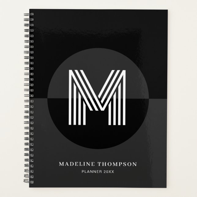 Classic Black Gray White Geometric Modern Monogram Planer (Vorderseite)