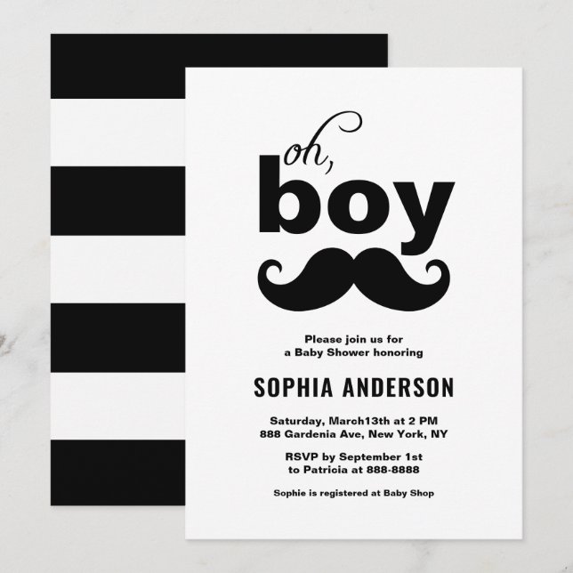 Classic Black It is a Boy Mustache Baby Shower Einladung (Vorne/Hinten)