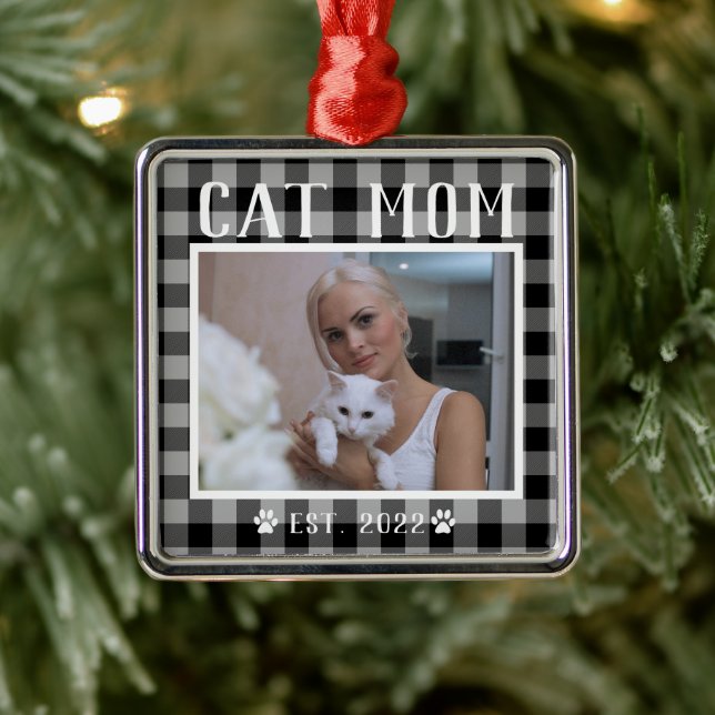 Classic Black Kariert Personalisiert Cat Mama Foto Ornament Aus Metall (Baum)