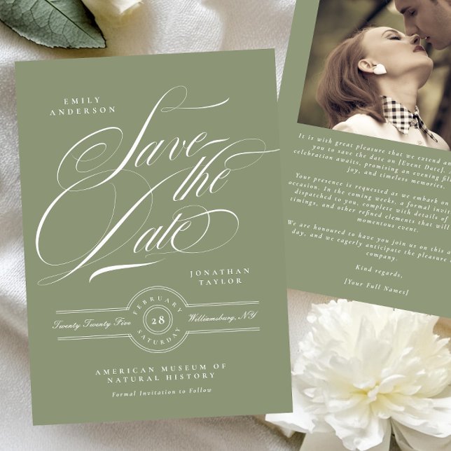 Classic Black Krawatte Sage Green Calligraphy Foto Save The Date (Von Creator hochgeladen)