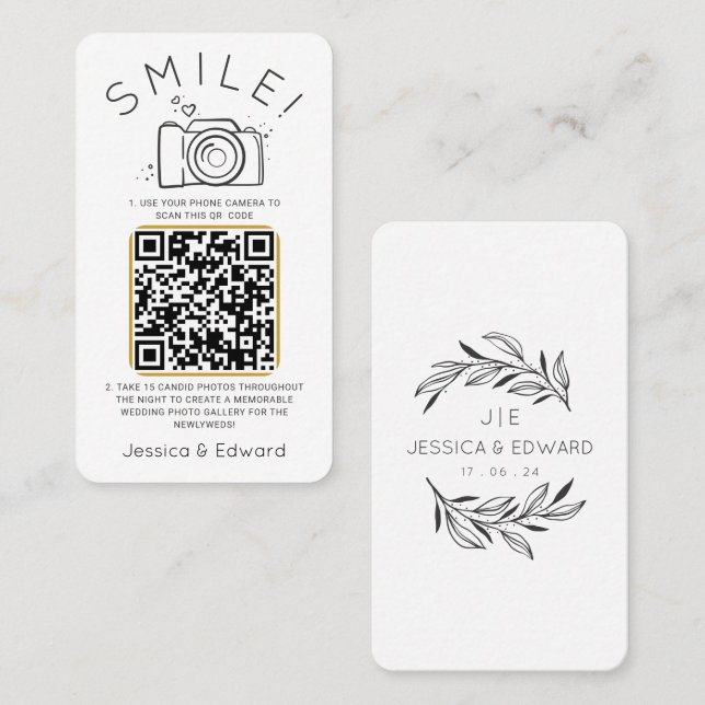 Classic Black Memorable Fotos Qr Code Hochzeit Platzkarte (Vorne/Hinten)