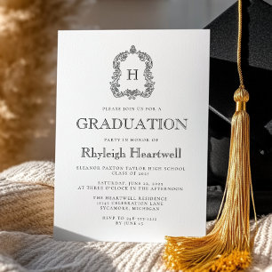 Classic Black Monogram Wappen Graduation Party Einladung