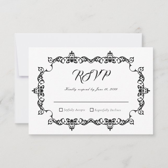 Classic Black on White Ornately Framed Wedding RSVP Karte (Vorderseite)