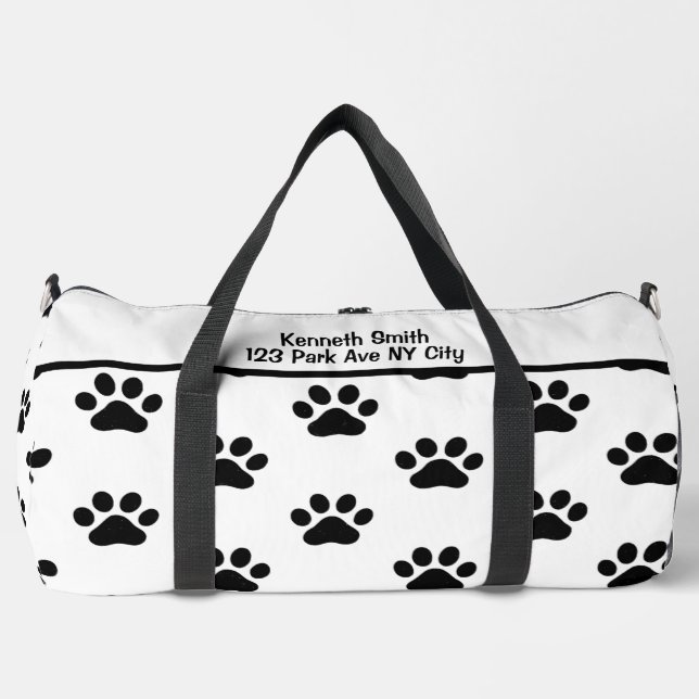 Classic Black Paw Print White Monogram Personalize Duffle Bag (Vorderseite)