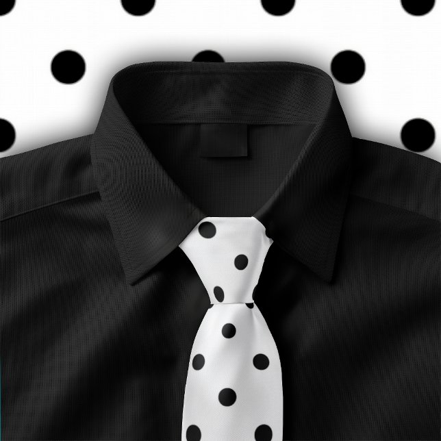 Classic Black Polka Dot Pattern on White Tie Krawatte (Tie featuring a black polka dot pattern on white is shown on black button down shirt.)